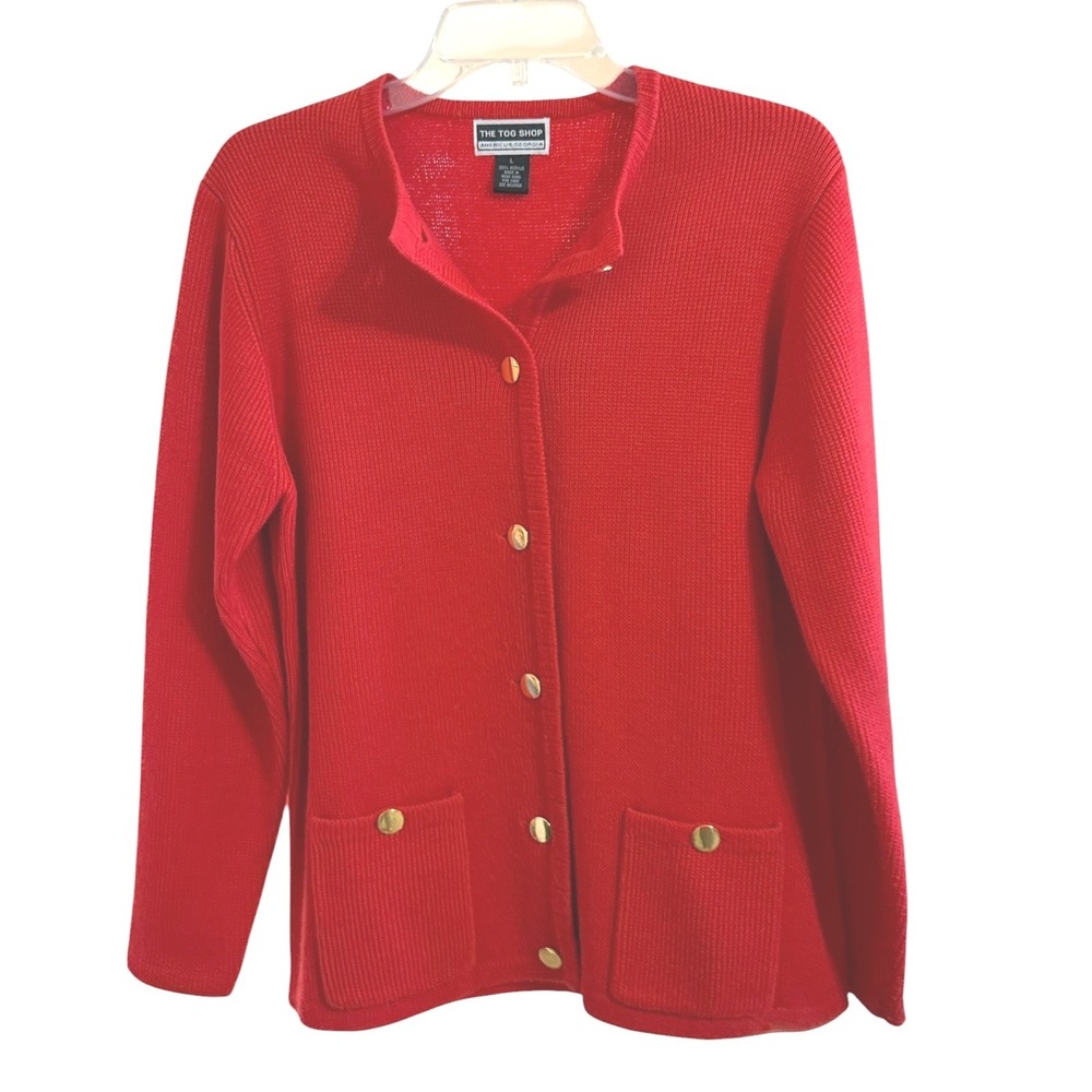 The Tog Shop Vintage Red Ribbed Cardigan Sweater Gold‎ Buttons Womens Large